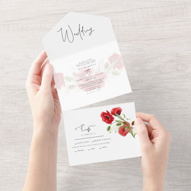 Simple Red Floral Winter Wedding All In One Invitation (Tearaway)