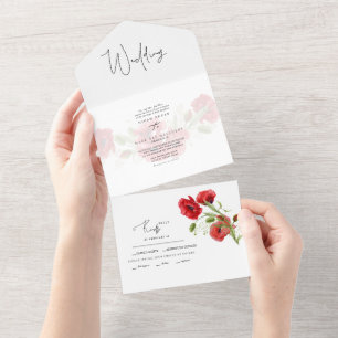 Simple Red Floral Winter Wedding All In One Invitation