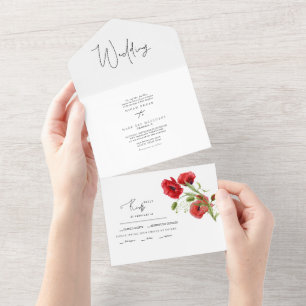 Simple Red Floral Winter Wedding II All In One Invitation