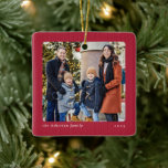 Simple red frame one photo Christmas Ceramic Ornament<br><div class="desc">This simple one photo Christmas ornament features a frame with a red knit effect pattern and custom text. Remember a favourite memory from your year with this Christmas photo ornament and personalise the message. The front and back of this cute simple ornament are the same with a red on red...</div>