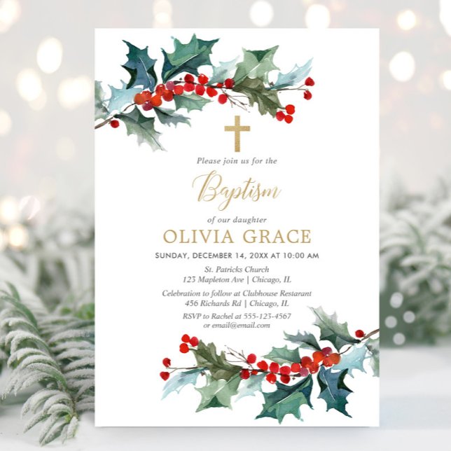 Simple red gold greenery Christmas baptism Invitation (Creator Uploaded)