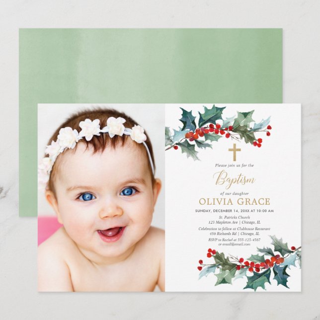 Simple red gold greenery Christmas baptism photo Invitation (Front/Back)