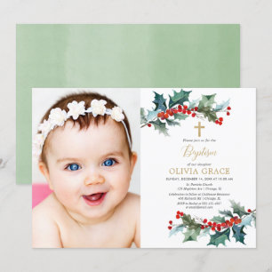 Simple red gold greenery Christmas baptism photo Invitation