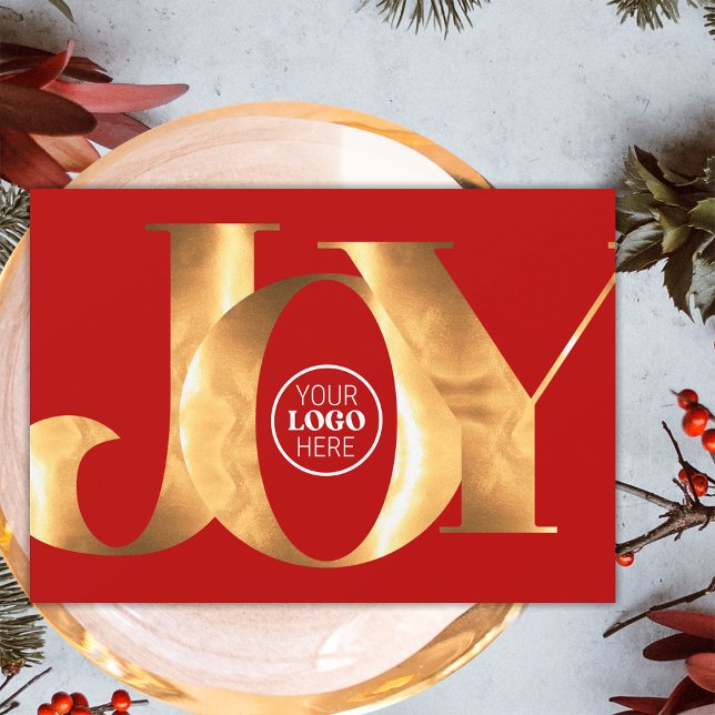 Simple Red & Gold Joy Business Logo Happy Holidays Holiday Card (Front)