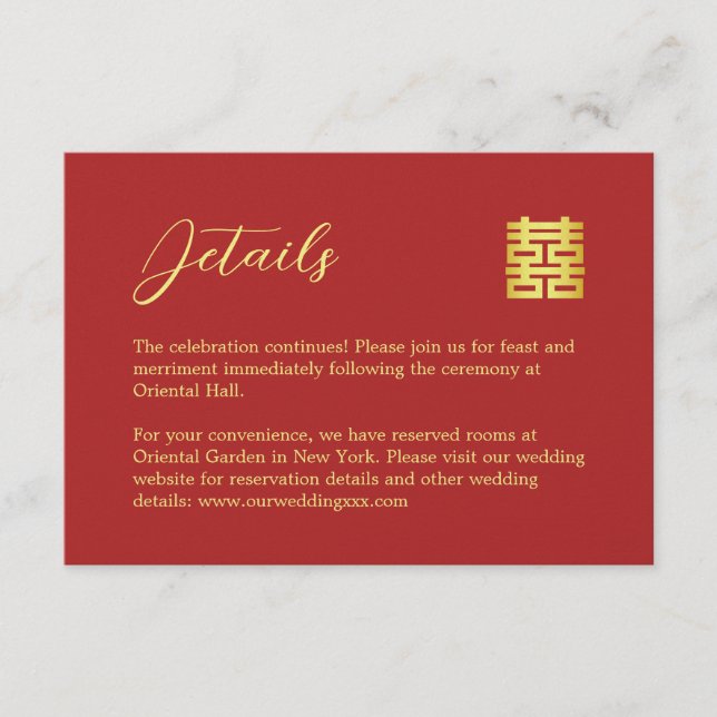 Simple red gold modern Chinese wedding details Enclosure Card (Front)