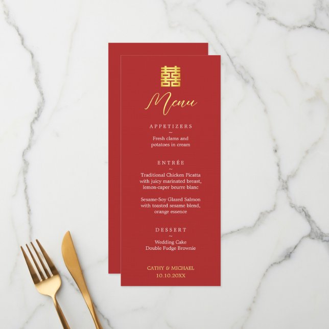 Simple red gold modern Chinese wedding Menu (Front/Back In Situ)
