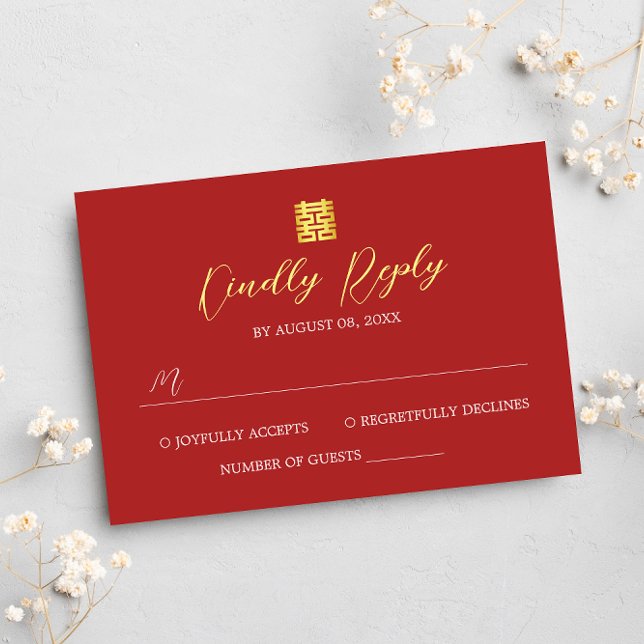 Simple red gold modern Chinese wedding RSVP Card (Creator Uploaded)