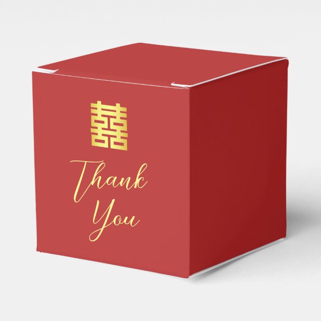 Simple red gold modern Chinese wedding Thank You Favour Box (Front Side)
