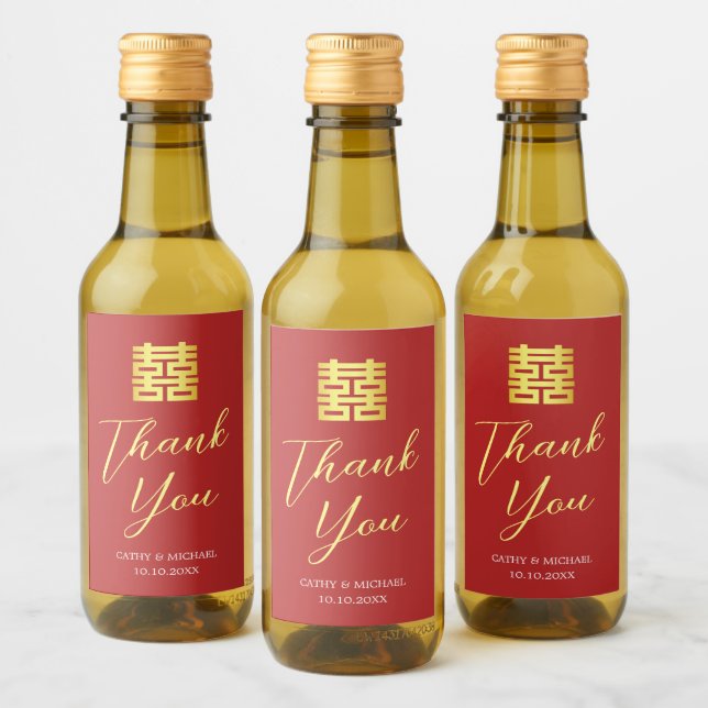 Simple red gold modern Chinese wedding Thank You  Wine Label (Bottles)