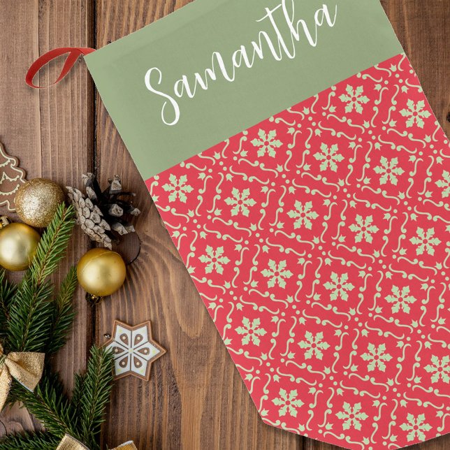 Simple Red Green Winter Snowflake Elegant Pattern  Small Christmas Stocking (Red and green holiday snowflake pattern stocking)