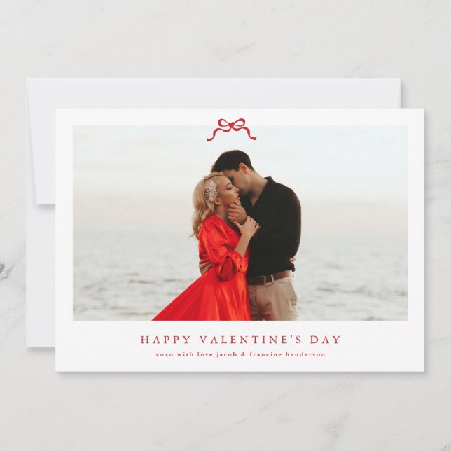 simple red heart bow happy valentine's day photo holiday card (Front)
