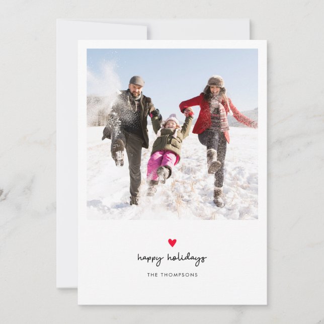 Simple Red Heart Family Photo Holiday Card (Front)