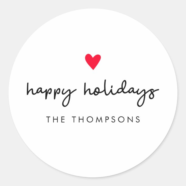 Simple Red Heart Happy Holidays Christmas Classic Round Sticker (Front)