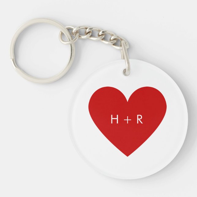 Simple Red Heart Love Couples Monogram Modern Key Ring (Front)