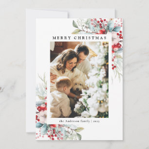 Simple Red Holly Berries Merry Christmas Photo Holiday Card
