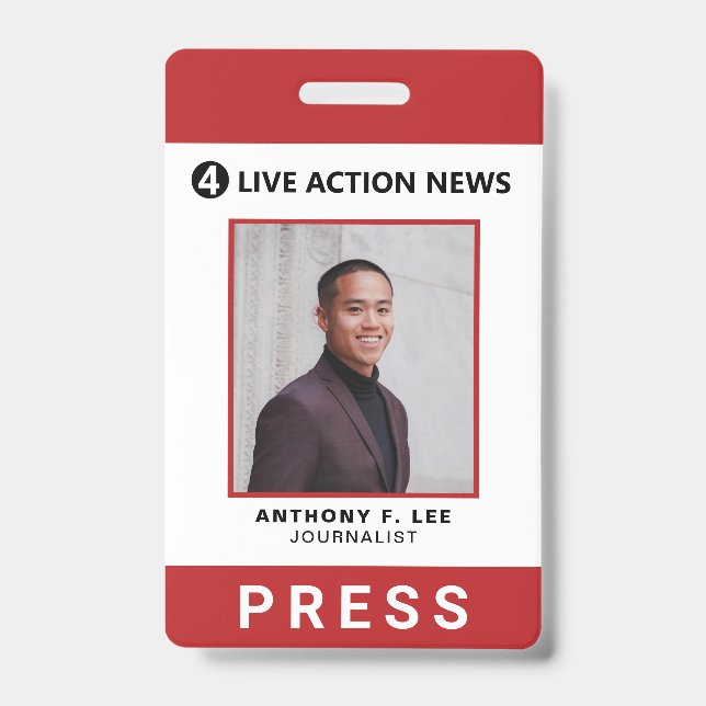 Simple Red Logo Press Employee Photo ID Badge (Front)