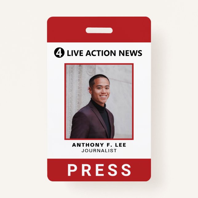 Simple Red Logo Press Employee Photo ID ID Badge (Front)