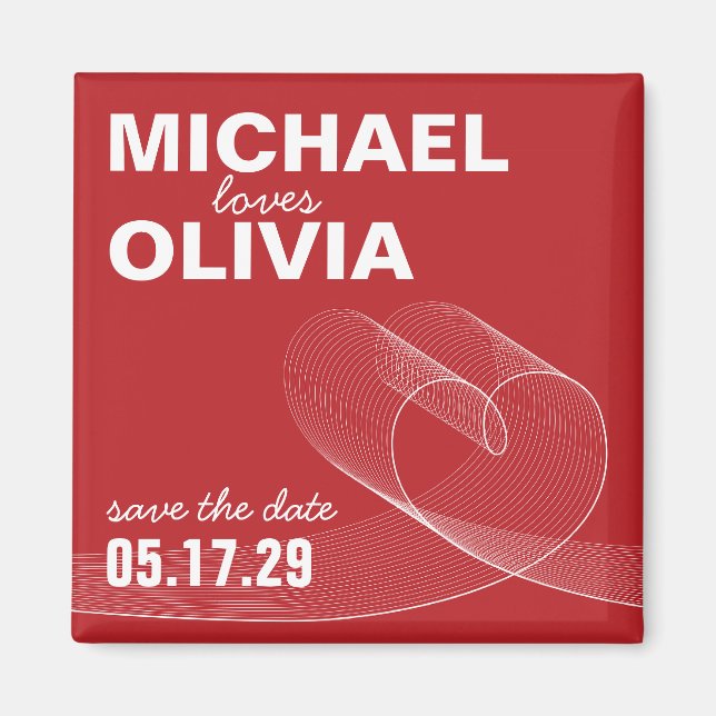 Simple Red Loopy Heart Love Lines Save The Date Magnet (Front)