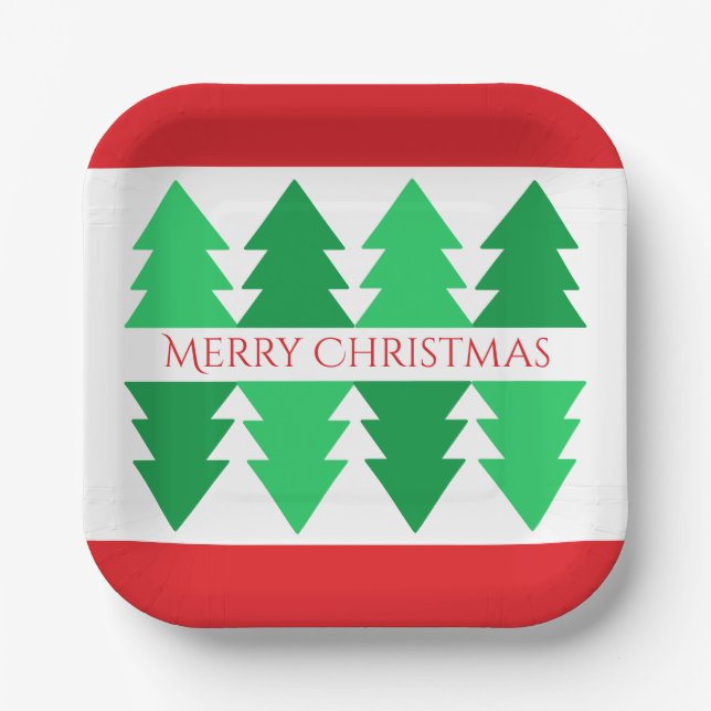 Simple Red Merry Christmas Green Tree Design Paper Plate (Front)