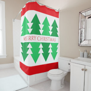 Simple Red Merry Christmas Green Tree Design Shower Curtain