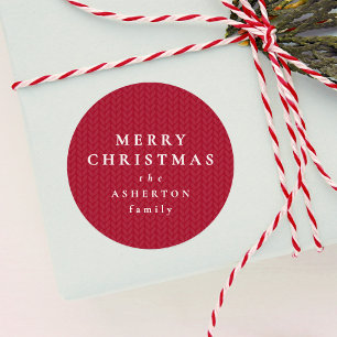 Simple red Merry Christmas knit pattern gift Classic Round Sticker