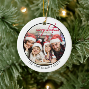 Simple Red Merry Christmas Photo Ceramic Tree Decoration