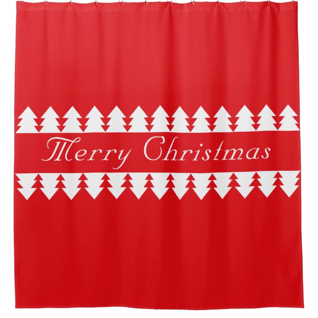 Simple Red Merry Christmas Tree Design Shower Curtain (Front)