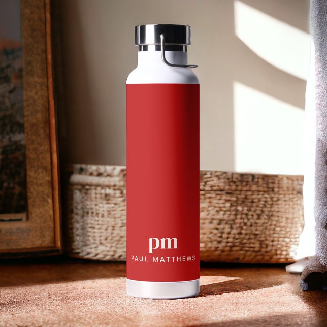 Simple Red Minimal Custom Monogram and Name Water Bottle (Personalize with your initials and name.)