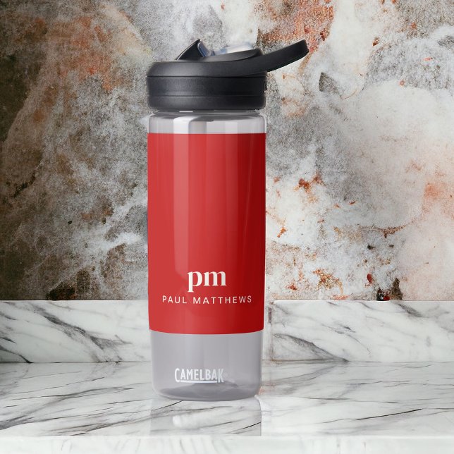 Simple Red Minimal Custom Monogram and Name Water Bottle (Personalize with your initials and name.)