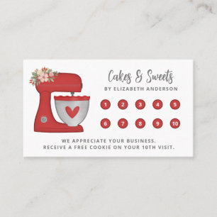 Simple red Mixer Floral Cake Bakery Business Loyalty Card