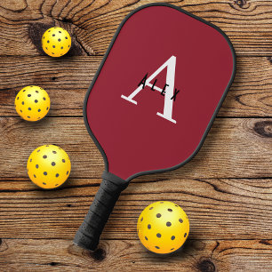 Simple Red Monogram Name + Initial Pickleball Paddle