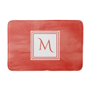 Simple Red Orange Subtle Marble Modern Monogram Bath Mat