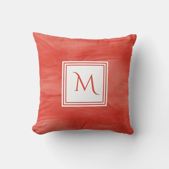 Simple Red Orange Subtle Marble Modern Monogram Cushion (Front)