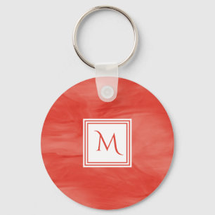 Simple Red Orange Subtle Marble Modern Monogram Key Ring