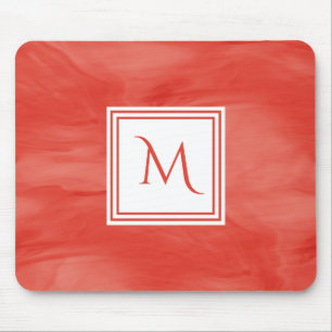 Simple Red Orange Subtle Marble Modern Monogram Mouse Mat