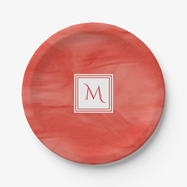 Simple Red Orange Subtle Marble Modern Monogram Paper Plate (Front)