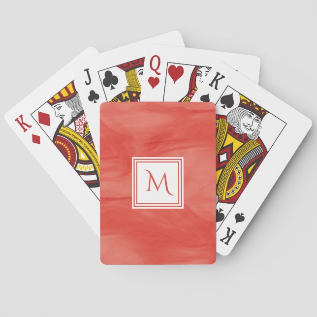 Simple Red Orange Subtle Marble Modern Monogram Playing Cards (Back)