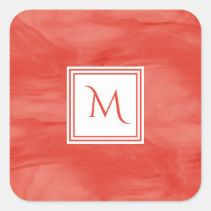 Simple Red Orange Subtle Marble Modern Monogram Square Sticker