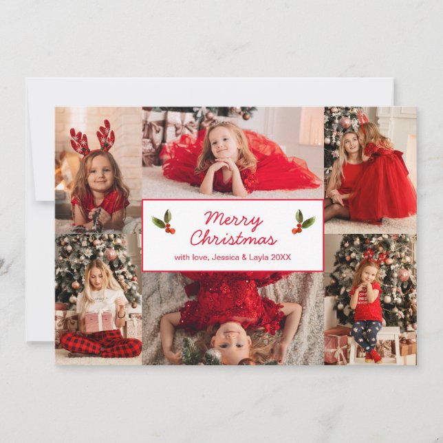 Simple Red Photo Collage Modern Christmas Holiday Card (Front)