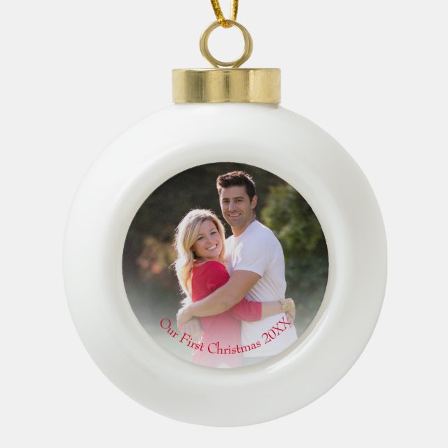 Simple Red Photo Our First Christmas Ceramic Ball Christmas Ornament (Front)