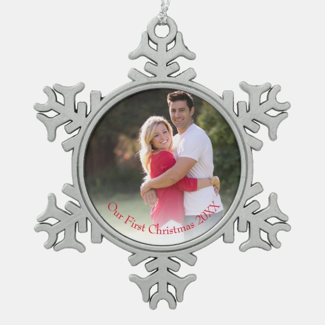 Simple Red Photo Our First Christmas Snowflake Pewter Christmas Ornament (Front)
