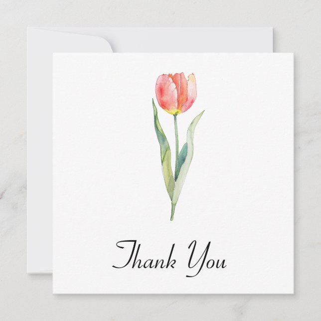 Simple Red Pink Tulip Watercolor  Thank You Card (Front)