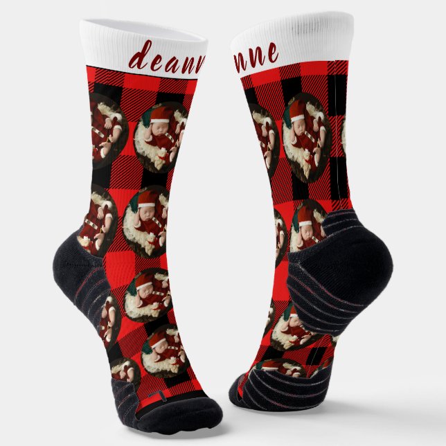 Simple Red Plaid Funny Christmas Family Photo Socks (Angled)