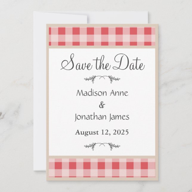 Simple Red Plaid Gingham Country Rustic Save The Date (Front)