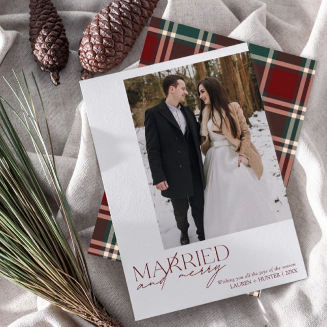 Simple Red Plaid Married & Merry Newlyweds Photo Holiday Card (Creator Uploaded)