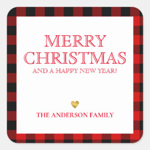 Simple Red Plaid Merry Christmas Gift Tag Stickers