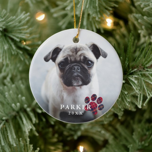 Simple Red Plaid Paw Photo Pet Christmas Ceramic Tree Decoration (Tree)