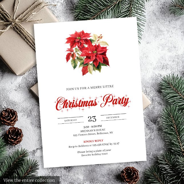 Simple Red Poinsettia Botanical Holiday Christmas  Invitation (Simple Red Poinsettia Botanical Holiday Christmas Invitation)