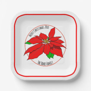 Simple Red Poinsettia Flower Merry Christmas White Paper Plate