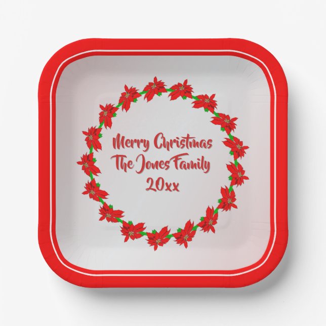 Simple Red Poinsettia Flower Ring Merry Christmas Paper Plate (Front)
